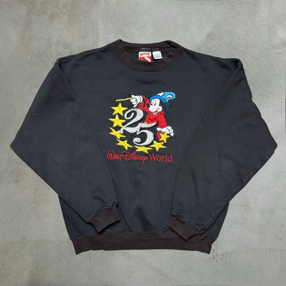 Vintage Disney World Sweatshirt Mens L Black Mickey 25th Anniversary Embroidered
